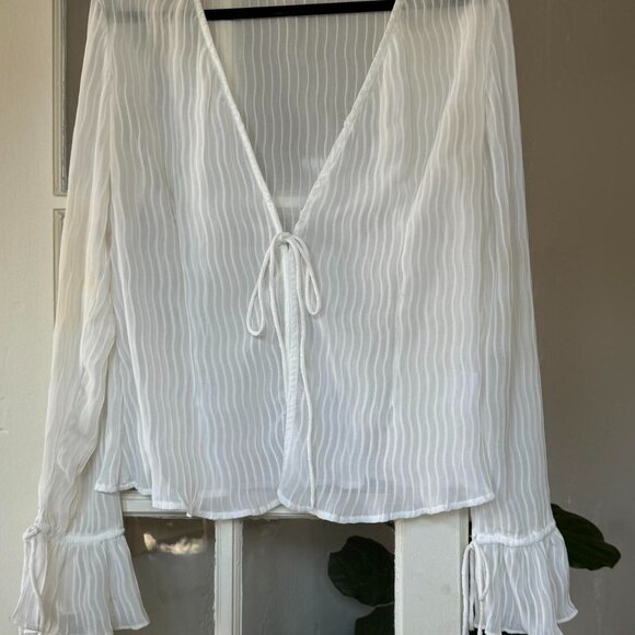 White Front Tie Top with Sleeve Ties - Picture 1 of 2